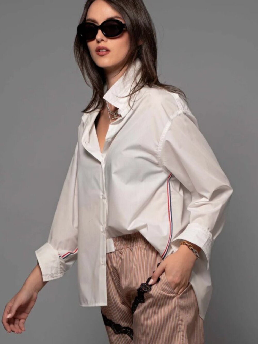 Loose Fit Button Down Oxford Shirt with Stripes on Side